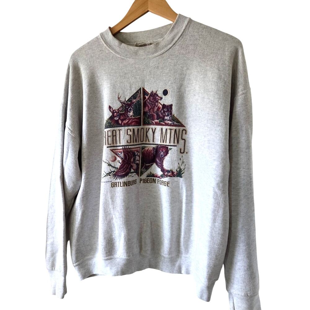 Vtg Hanes XL Great Smokey Mountains Puffy Graphic Gray Sweater Wolf Deer Bear